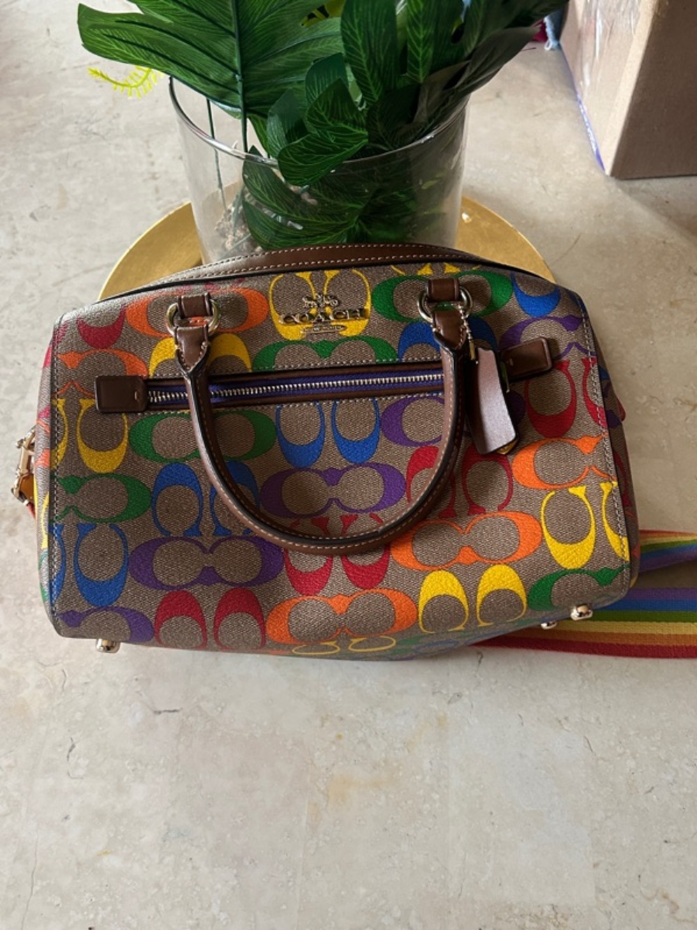 Coach Multicolor Signature Satchel with Rainbow Strap